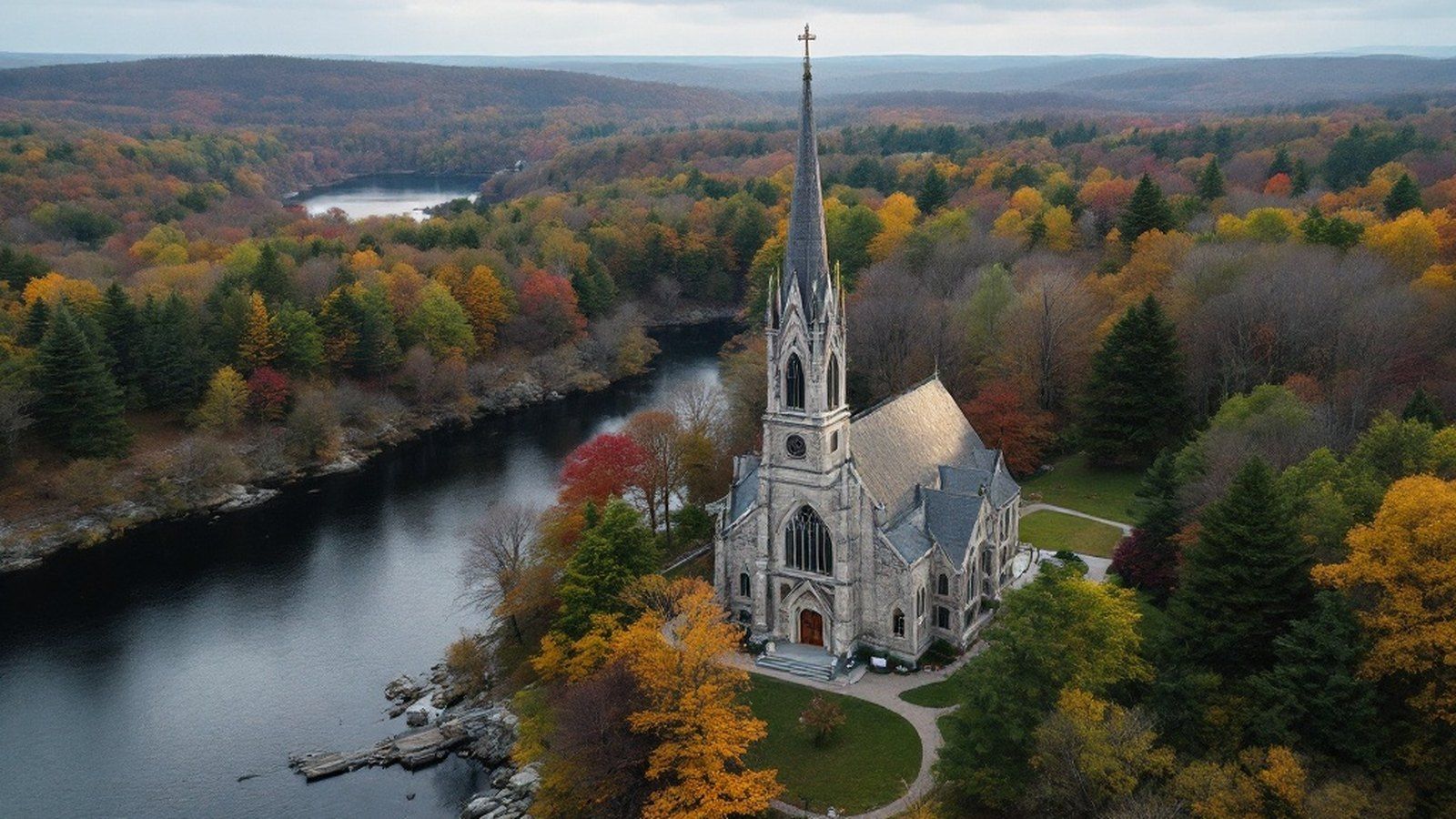 Aerial or ground-level view of Upper Highland Reservoir with woodland