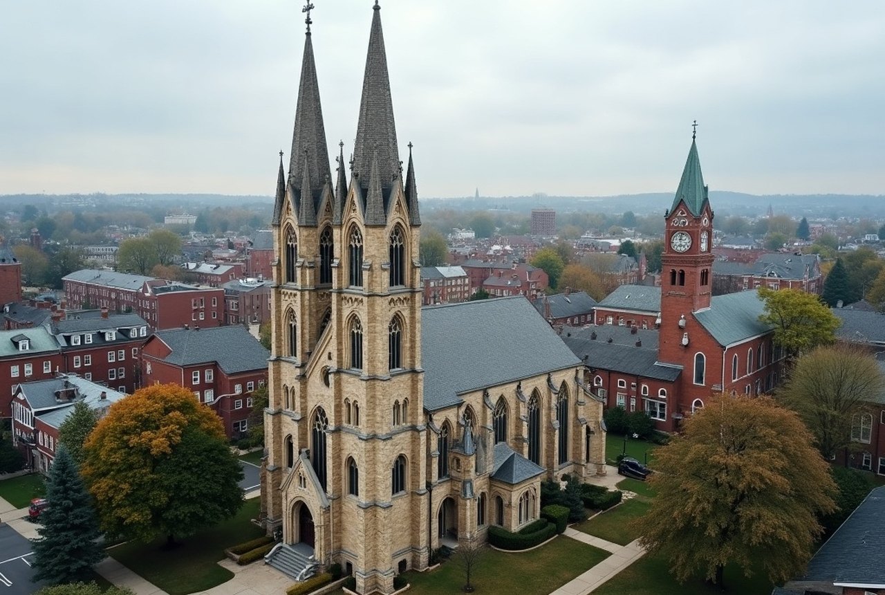 Aerial or elevated view of Worcester showing multiple steeples
