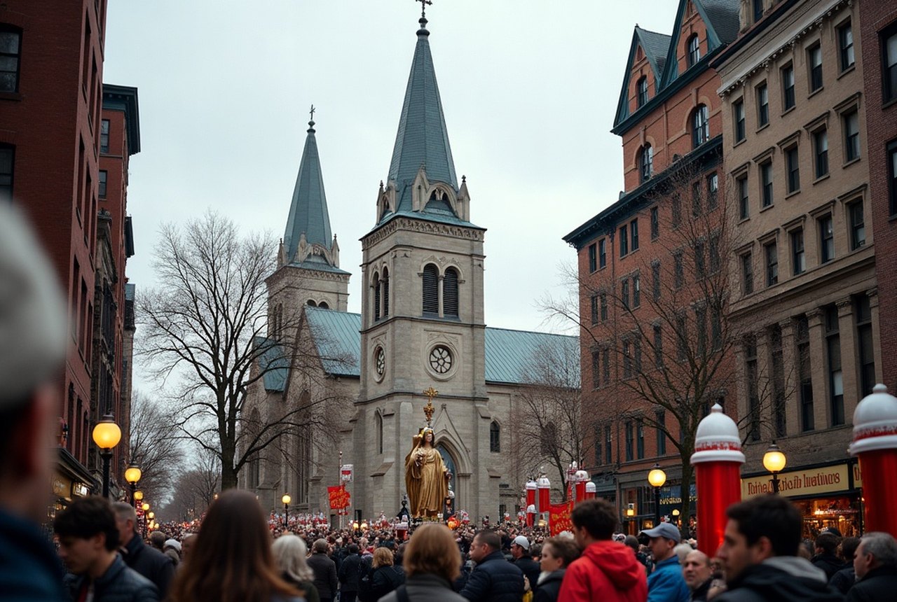Street-level shot of a North End festa procession with statue