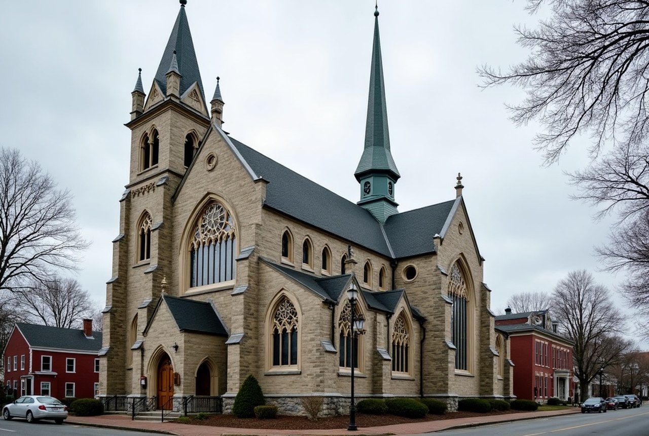Street-level view of a Keely parish church exterior in a Massachusetts mill town (Lawrence or New Bedford)