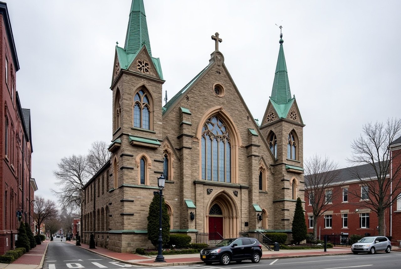 Street-level exterior of Sacred Heart Parish, East Boston