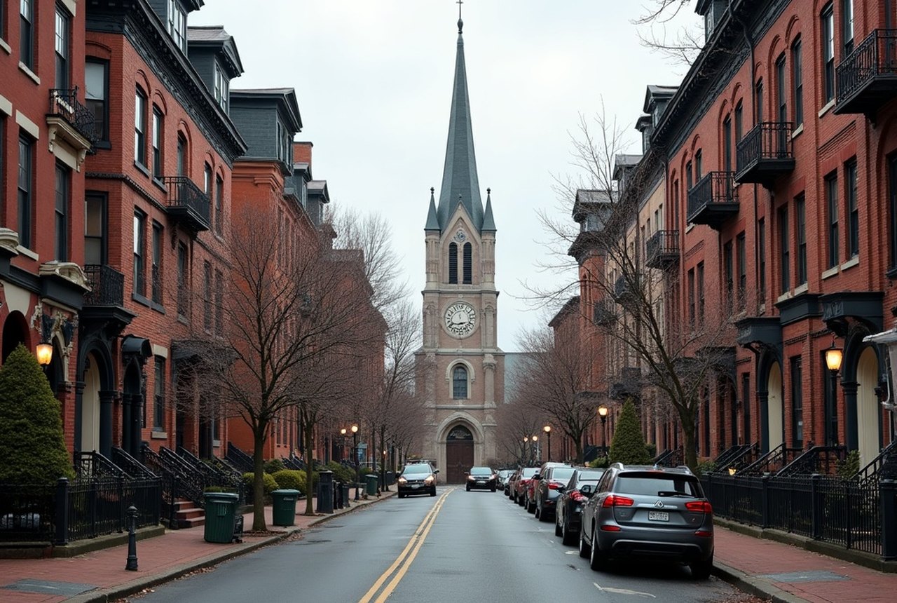 Street-level view of a South End side street with a church campanile or Gothic arch visible above/beside Victorian rowhouses