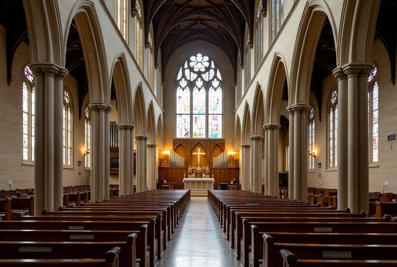 Interior nave of Cathedral of the Holy Cross showing Gothic stonework and clerestory
