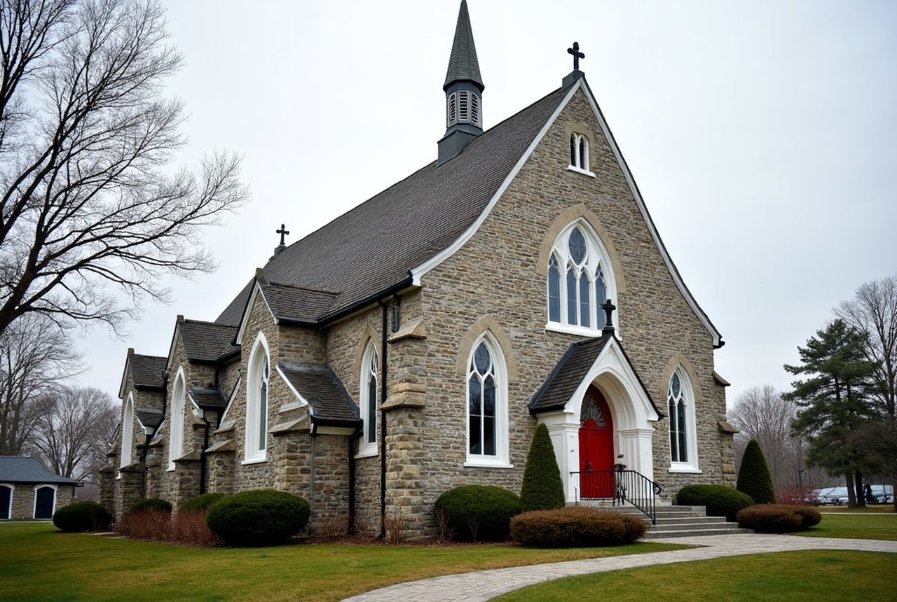 Cape Cod parish church exterior showing fieldstone or clapboard construction with lancet windows