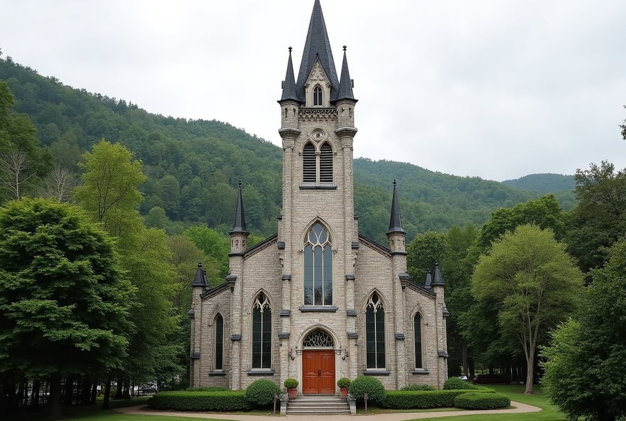 A granite church facade against wooded Berkshire hills, Pittsfield