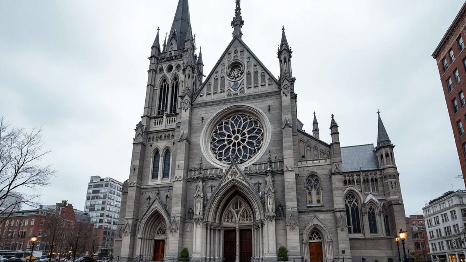 Exterior of the Cathedral of the Holy Cross, South End, showing the granite and puddingstone Gothic facade