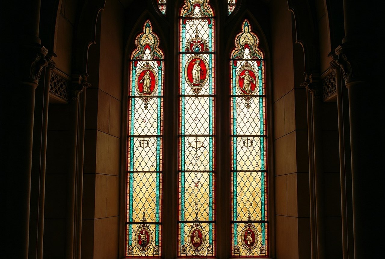 Detail of a lancet stained-glass window at the Cathedral of the Holy Cross