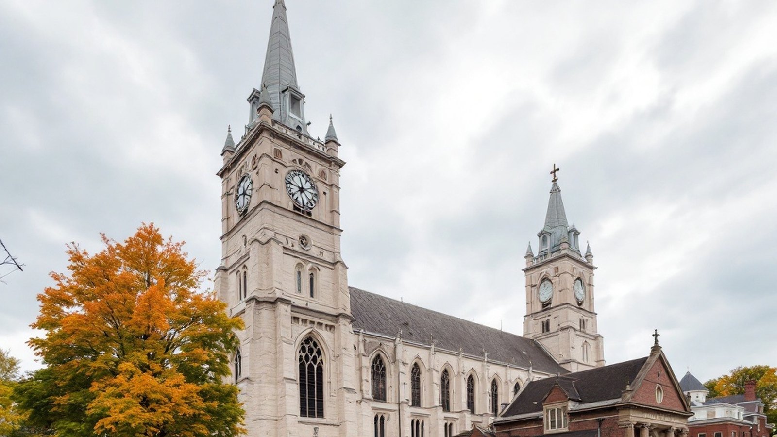 Exterior of Cathedral of the Holy Cross, Worcester, showing Milford pink granite and Gothic towers