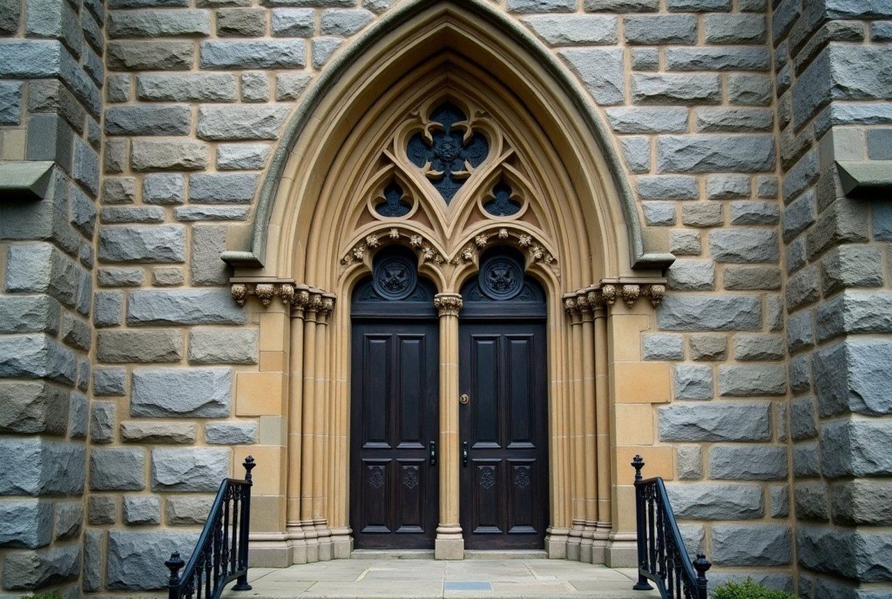 Detail of carved limestone portal or lancet window on an ethnic parish church