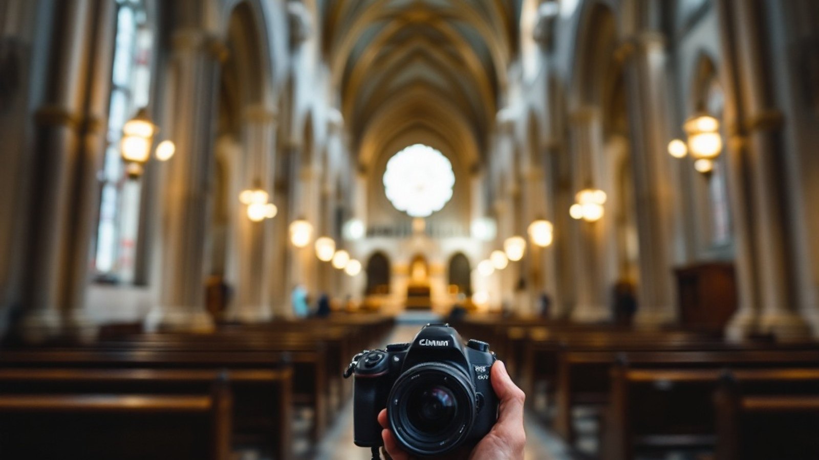 A photographer (or just hands and camera) framed against a nave interior