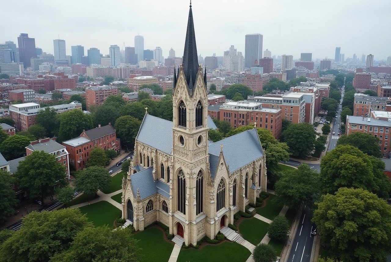 Aerial or elevated view showing church on Mission Hill with Boston skyline