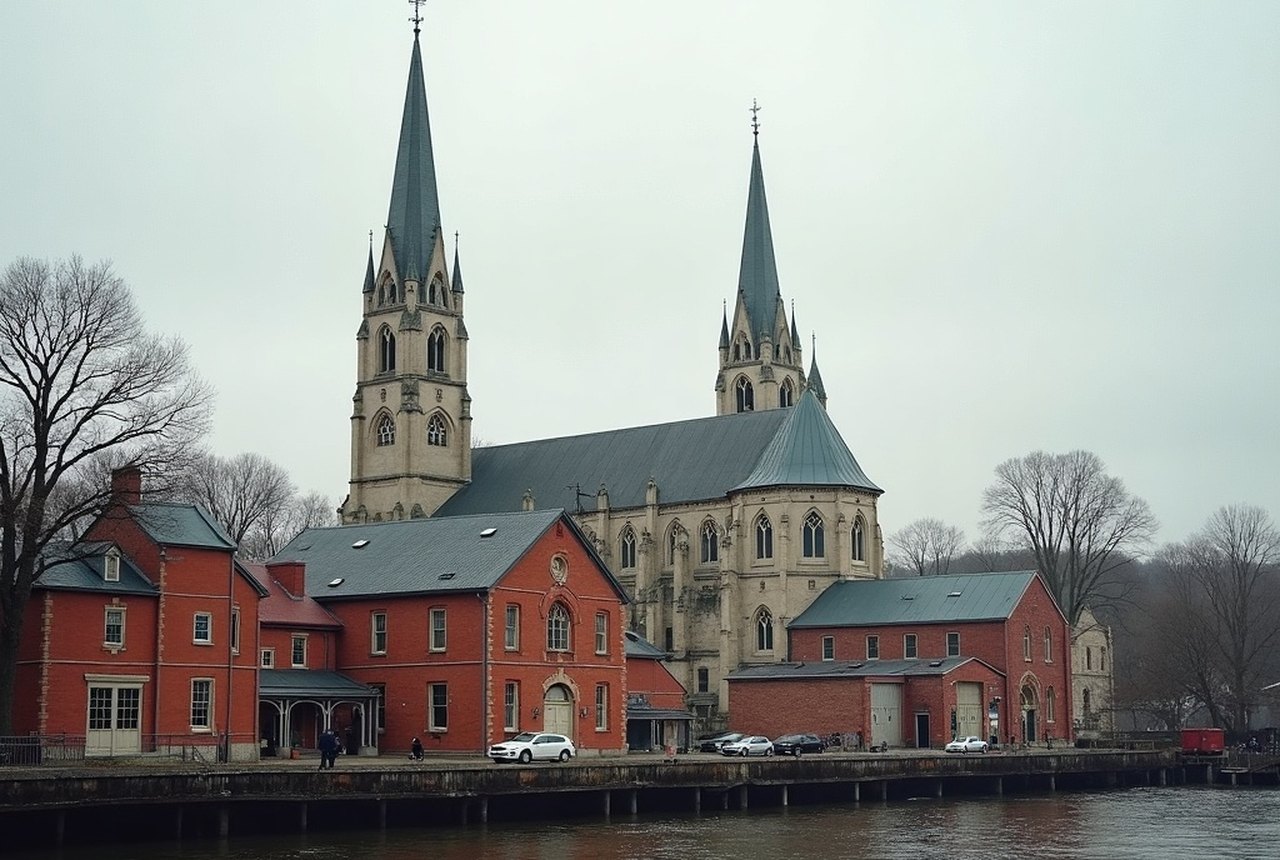 Church spires rising above mill buildings along the Connecticut River, Holyoke