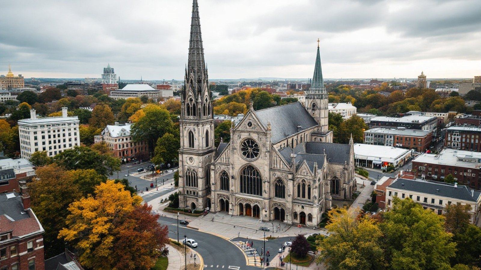 Aerial or street-level view of the Cathedral of the Holy Cross, Springfield