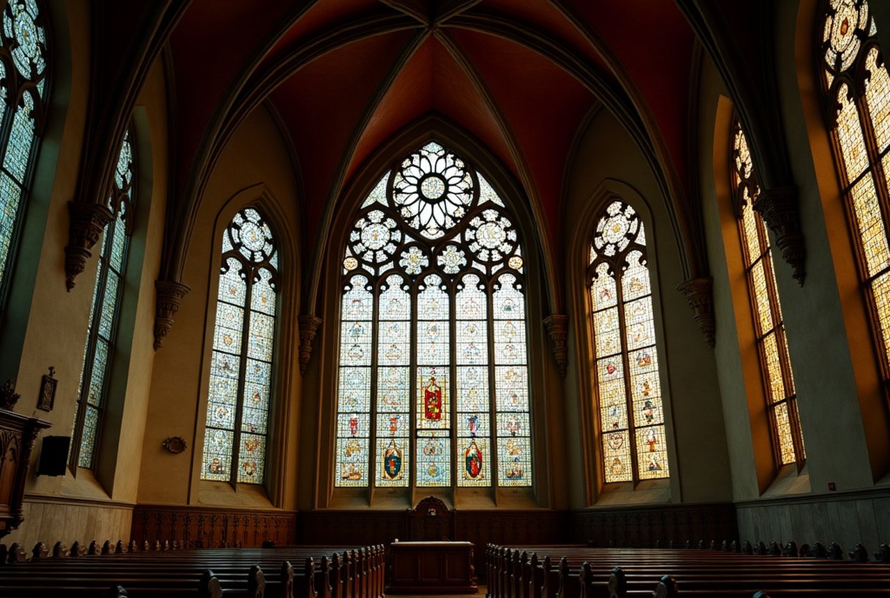 Detail of stained glass windows, nave or clerestory