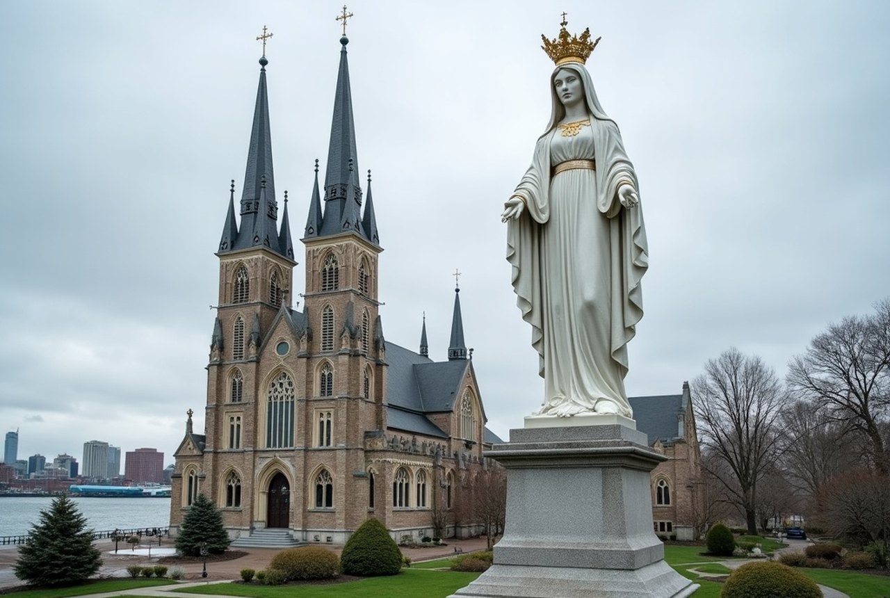 Madonna Queen Shrine statue against Boston Harbor or airport approach skyline