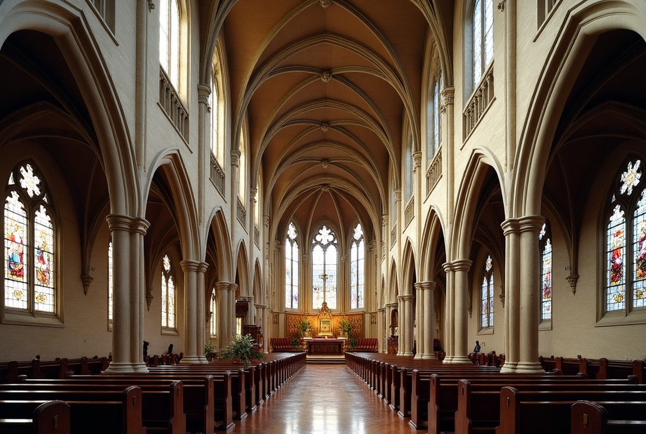 Notre Dame des Canadiens interior showing barrel-vaulted polychrome nave