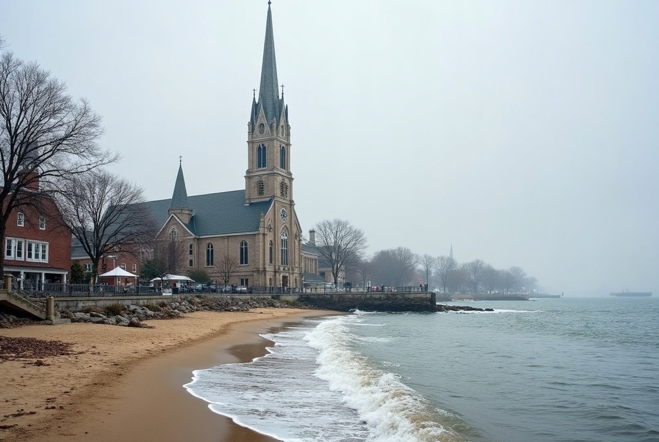 Hull shoreline or beach view looking toward Boston Harbor