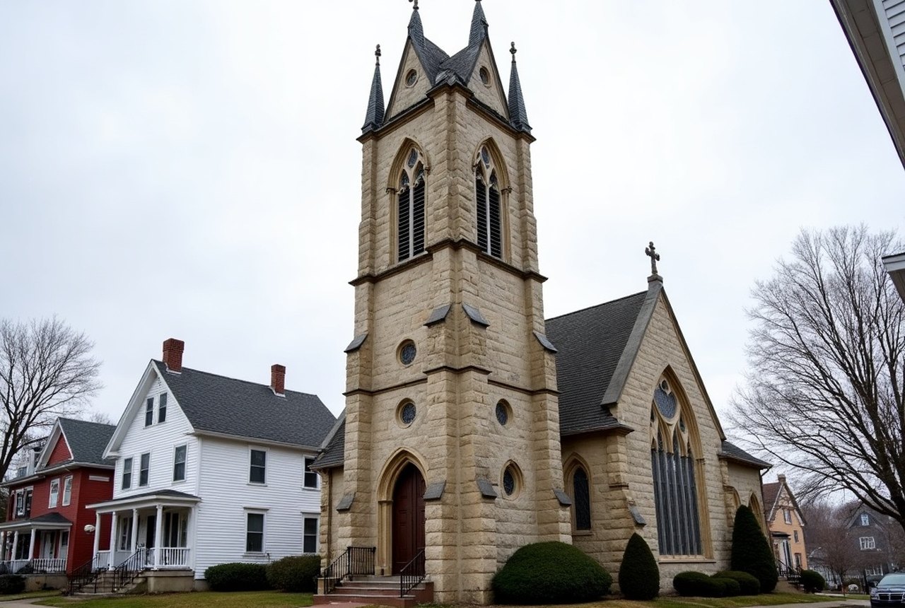 A stone parish church tower above three-decker houses in Worcester