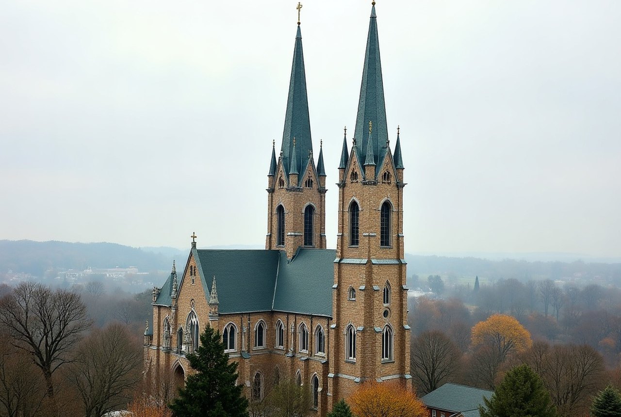 The twin towers of St. Stanislaus Bishop & Martyr Basilica rising above Chicopee