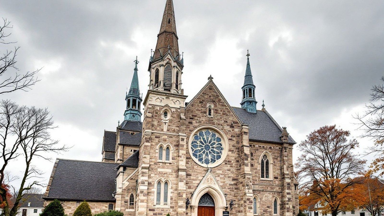 Exterior of St. Stanislaus Kostka Church, Adams, showing stonework and massing