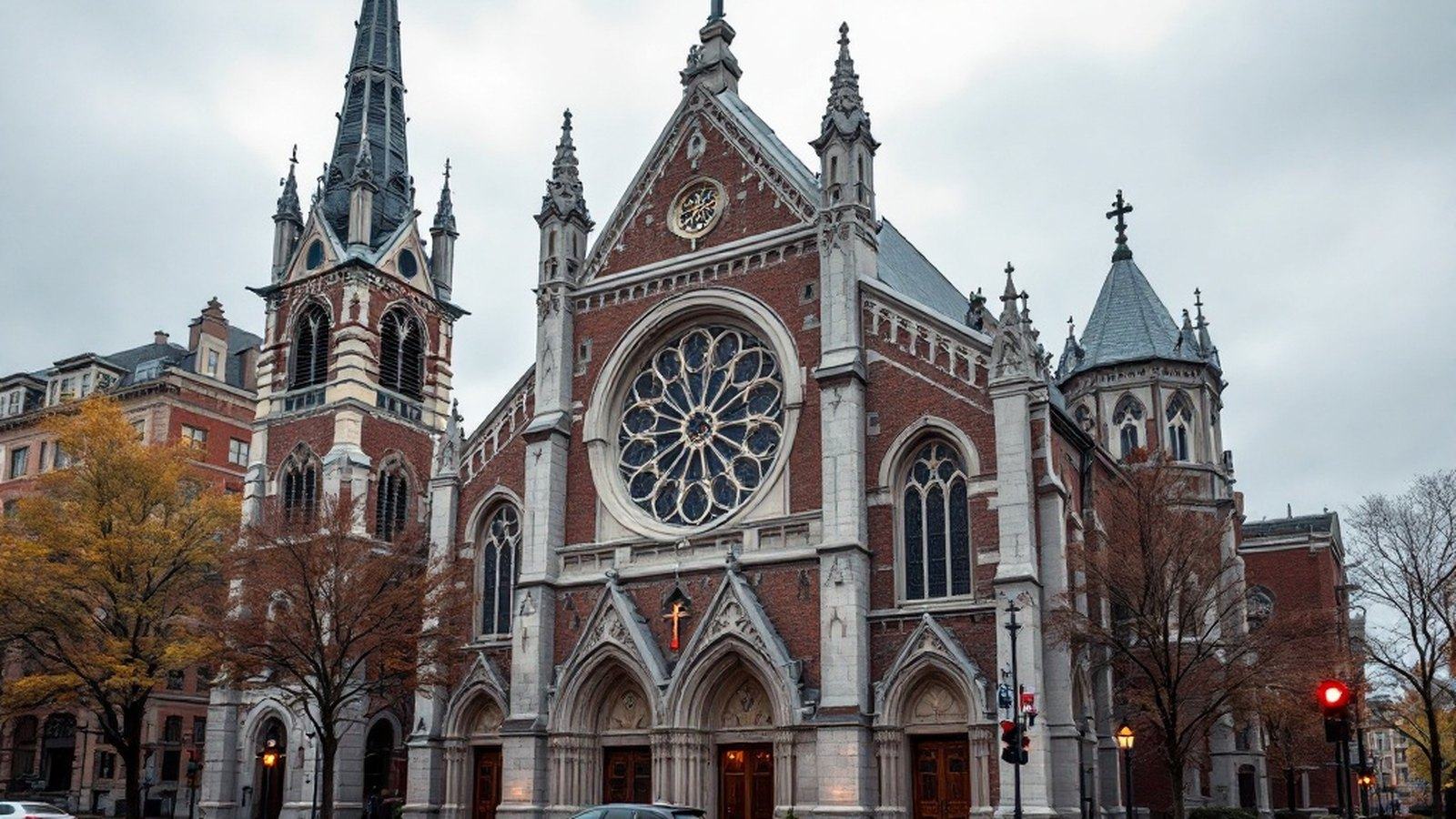 Wide exterior shot of Cathedral of the Holy Cross on Washington Street showing full Gothic Revival facade