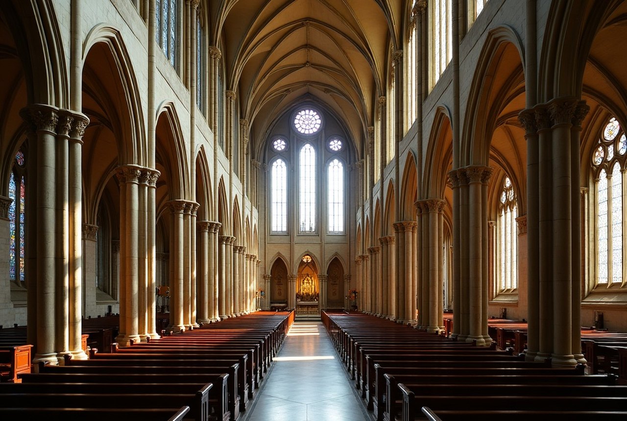 Interior nave of Cathedral of the Holy Cross showing clerestory and clustered piers