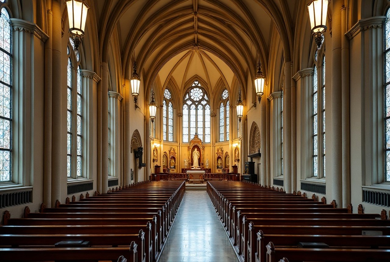 Interior showing painted altars, ex-votos, or Fátima statue in embroidered mantle
