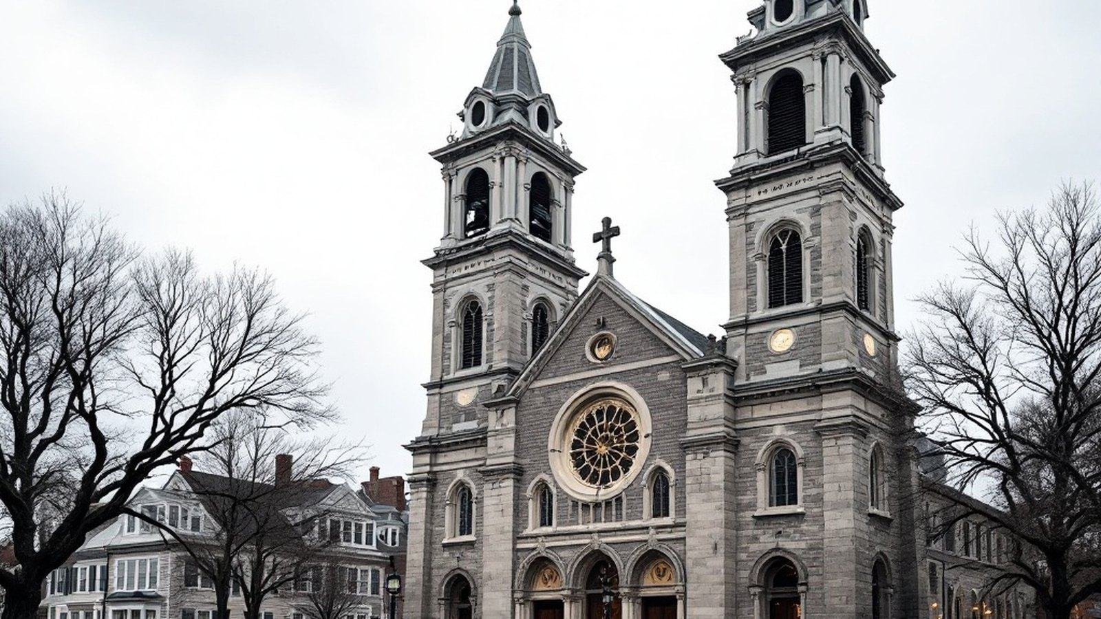 Exterior twin bell towers of Notre Dame de Hope