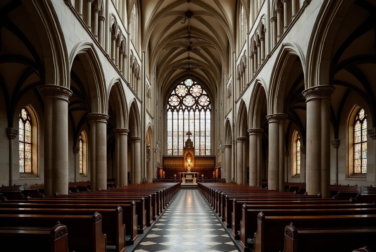 The Gothic Revival nave of the Cathedral of the Holy Cross, Boston, looking toward the sanctuary