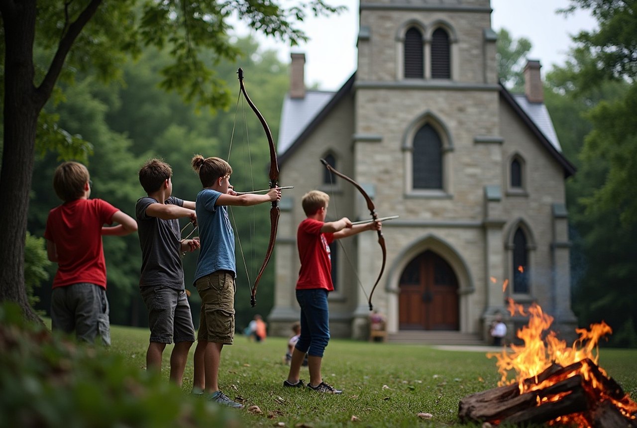 Group activity shot (archery, canoeing, or campfire) at a Catholic summer camp