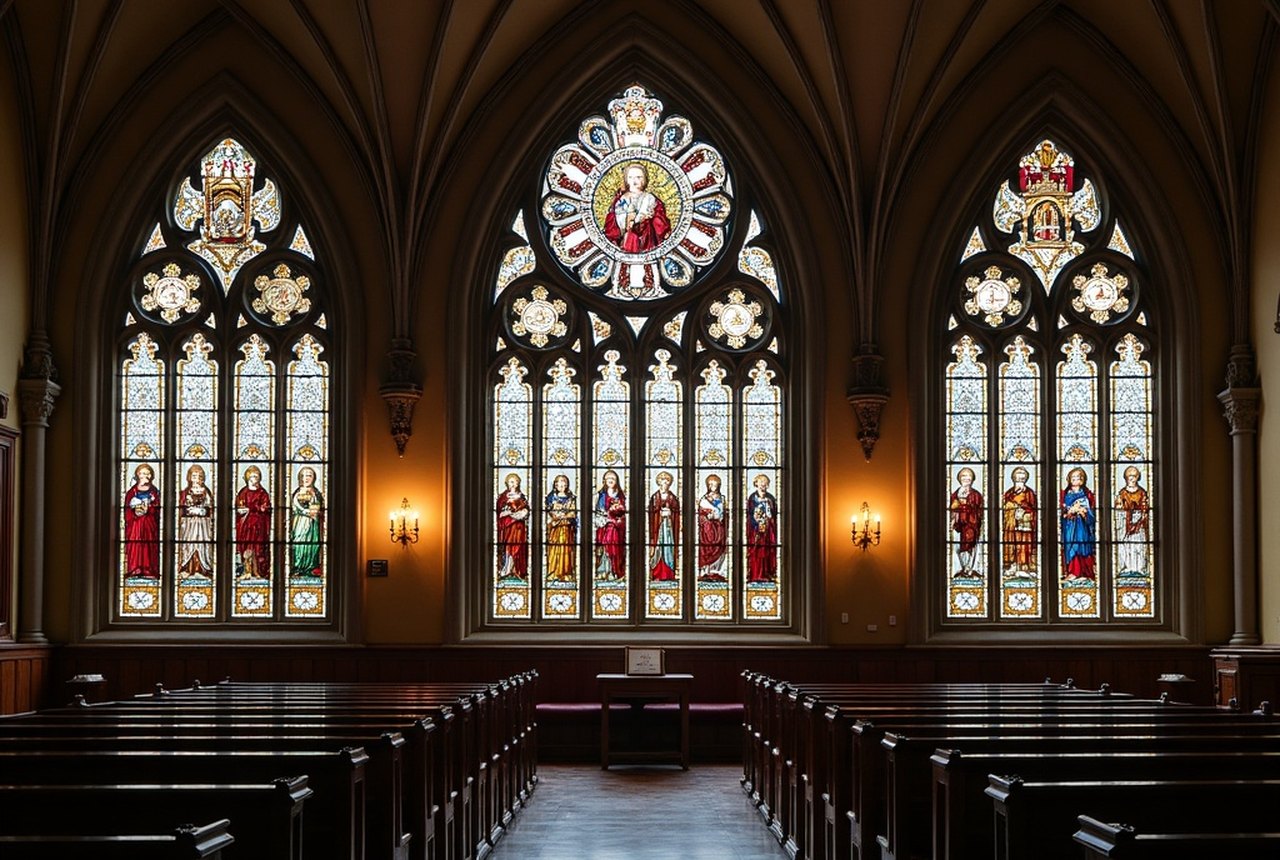 Interior stained glass with French or Qu&eacute;b&eacute;cois iconography