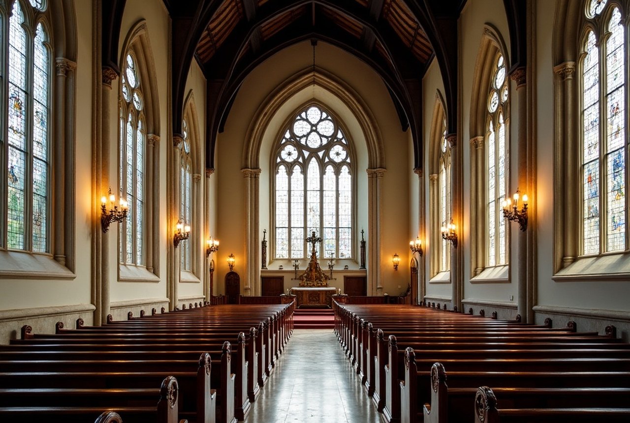 Wide interior shot showing clerestory windows above nave