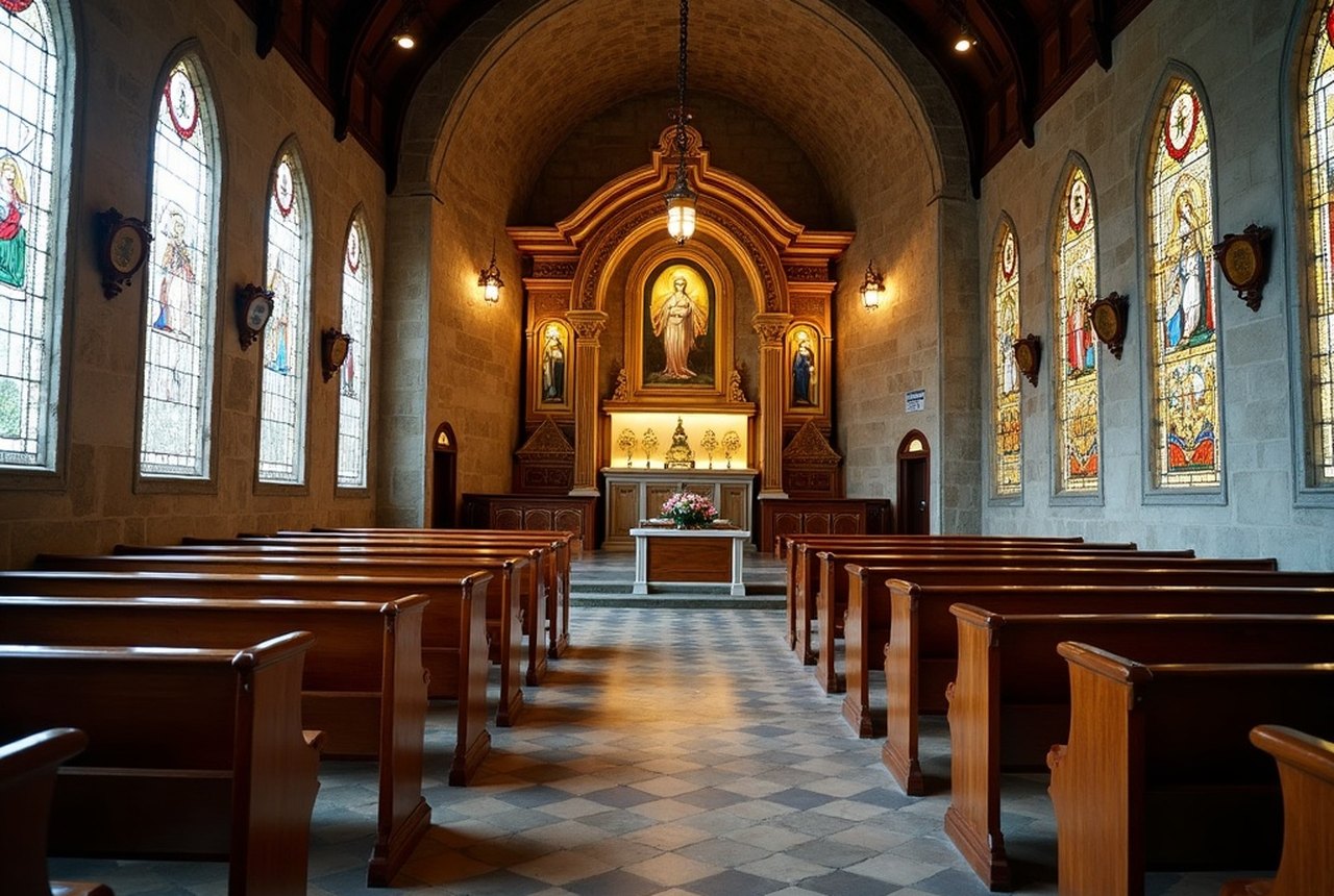 Shrine chapel showing the icon, gilded frame, and ex-voto plaques