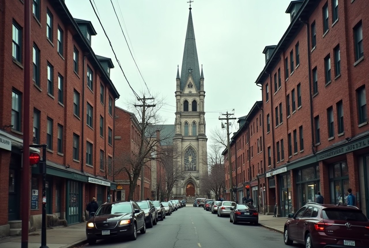 Street-level view of a mill neighborhood with church spire visible above tenement rooflines
