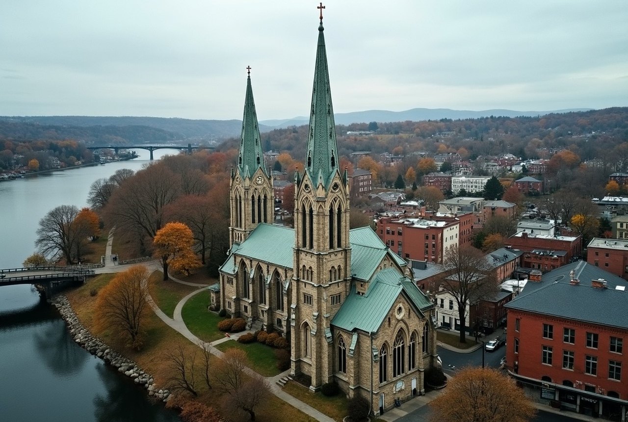 Aerial or bridge-level view of Holyoke showing church spires against the Connecticut River