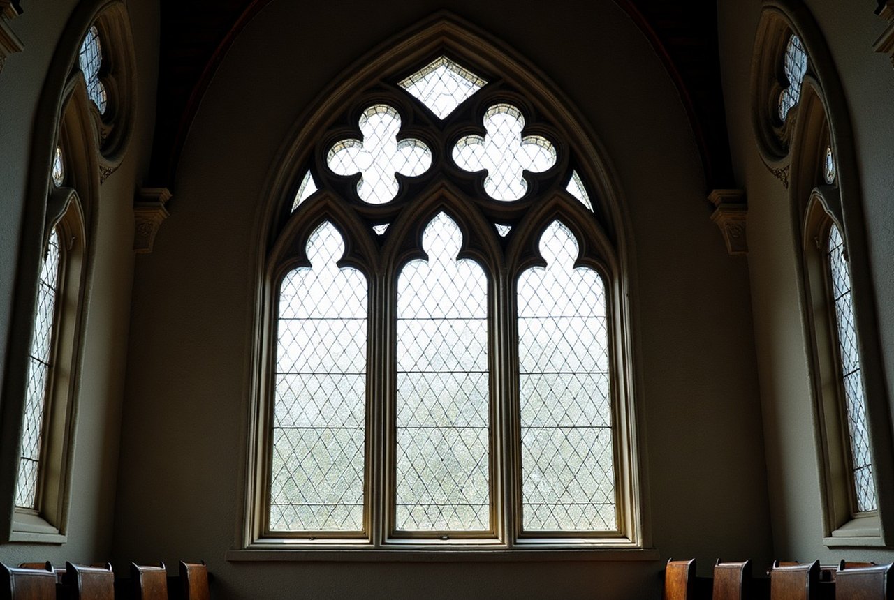 Detail of lancet window tracery on a valley church