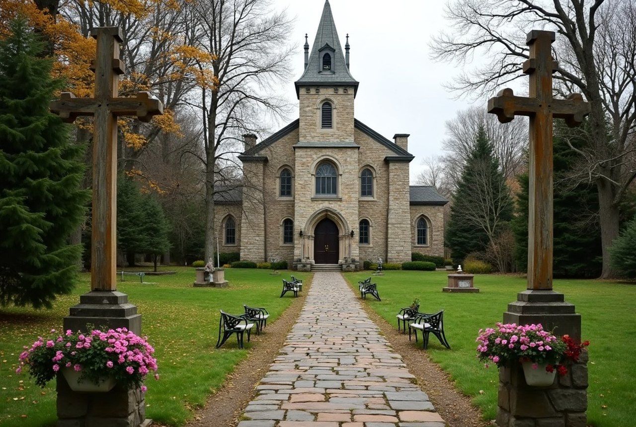 Outdoor Stations of the Cross path through landscaped grounds