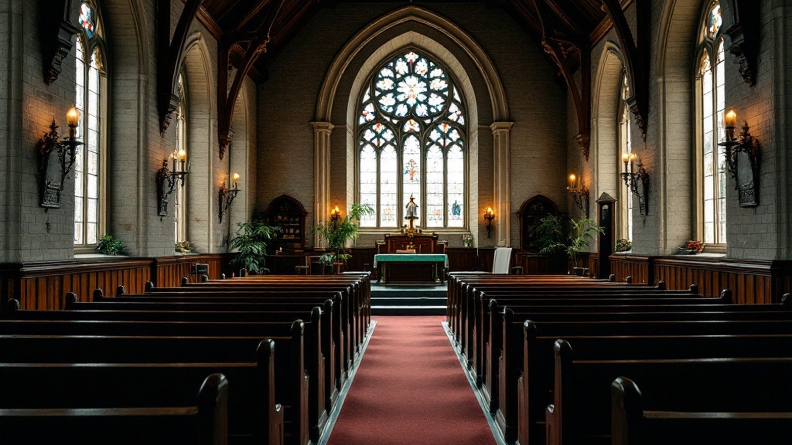 A quiet interior shot of a Massachusetts parish nave, pews empty, soft window light