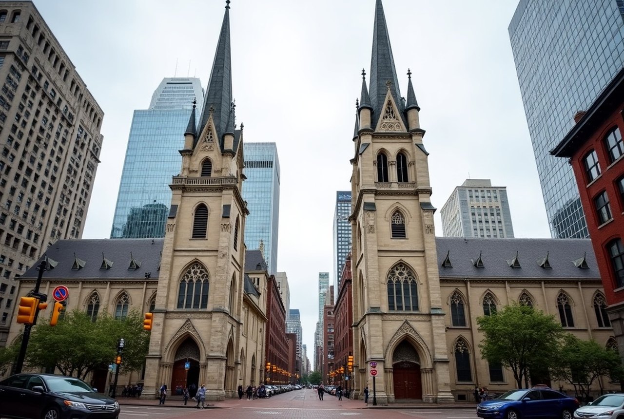 Copley Square wide shot showing Trinity Church and Old South Church together