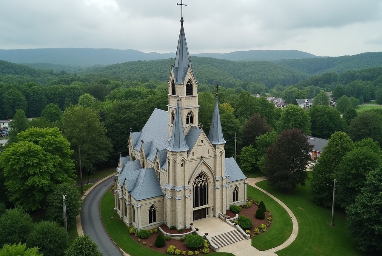 Aerial or wide view of National Shrine of the Divine Mercy in Berkshire landscape