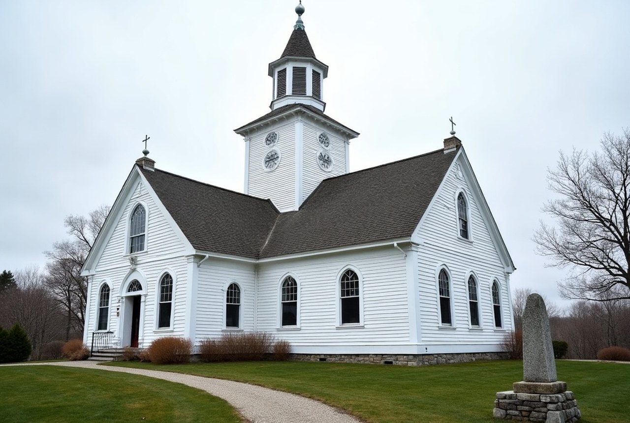 A white clapboard parish church near the shore on Cape Cod