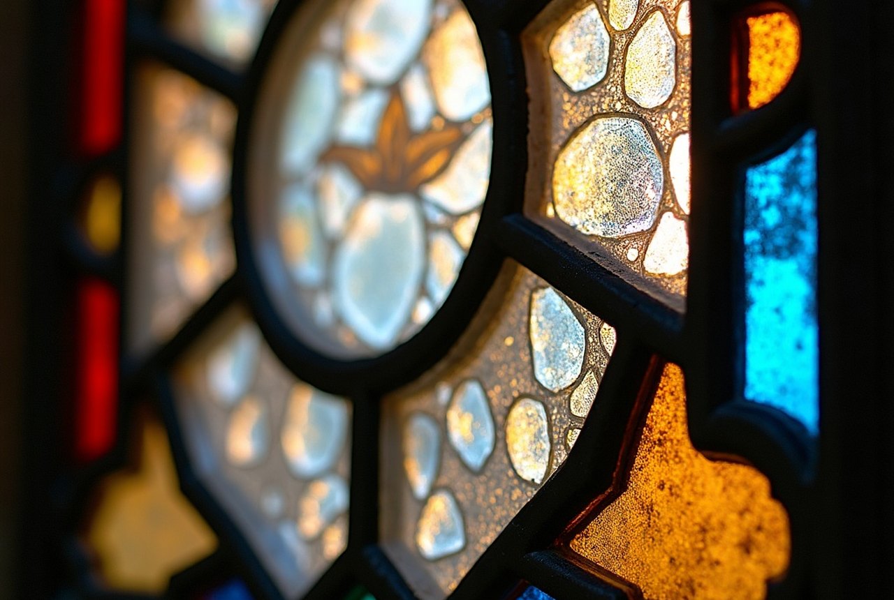 Detail of opalescent glass texture, ideally from a Massachusetts Catholic church