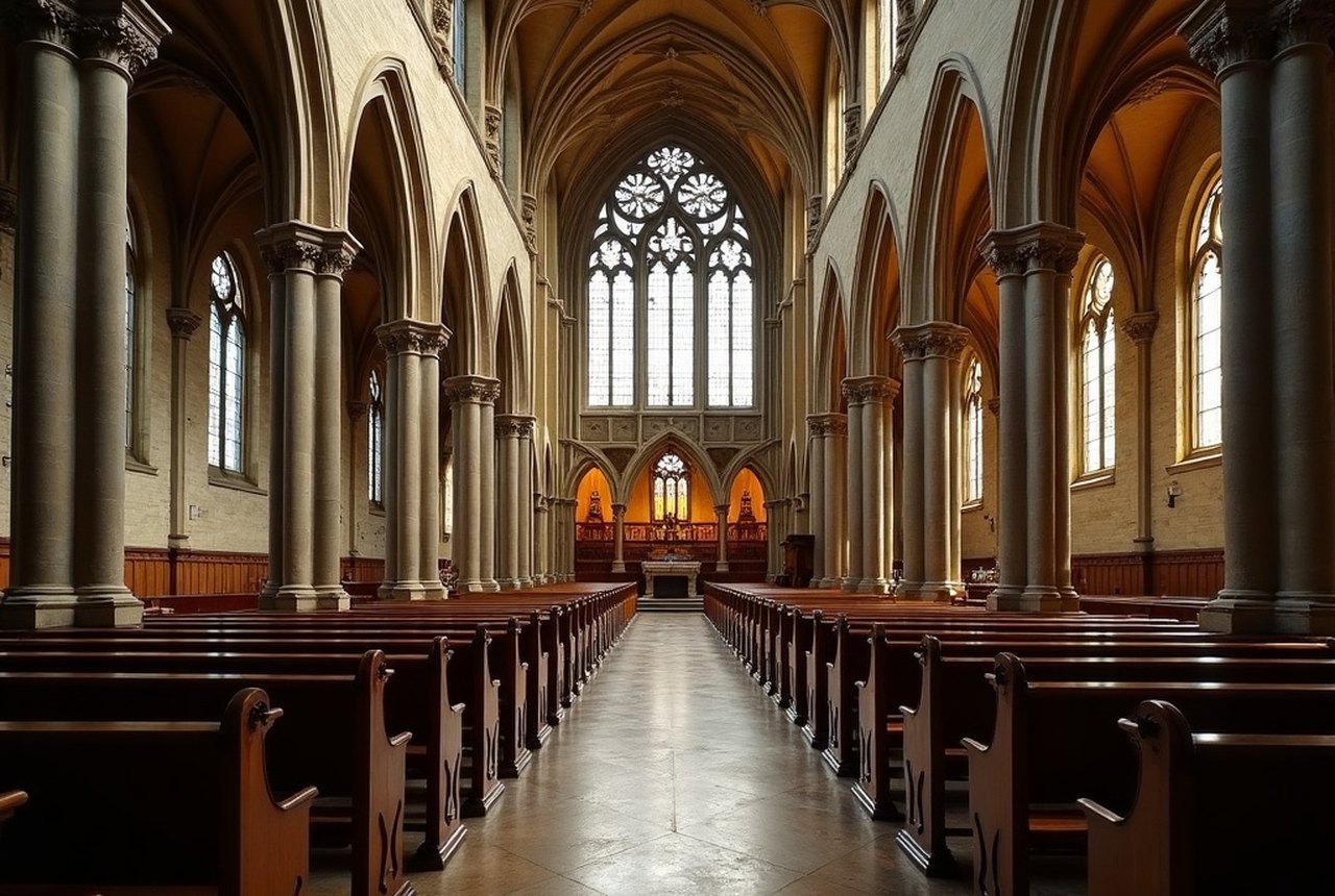 Interior nave of Cathedral of the Holy Cross showing clustered piers and lancet windows