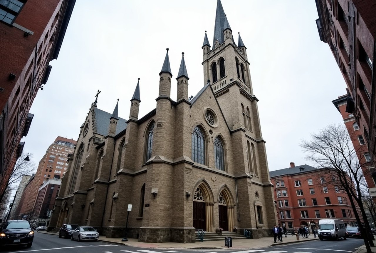 Cathedral of the Holy Cross facade on Washington Street, South End