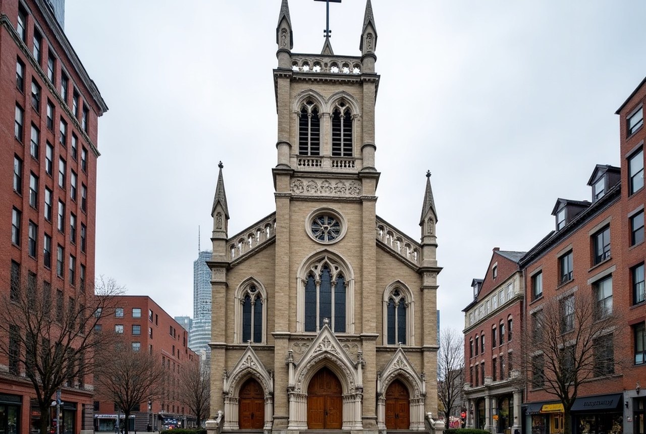 Trinity Church exterior from Copley Square showing crossing tower and polychrome stonework