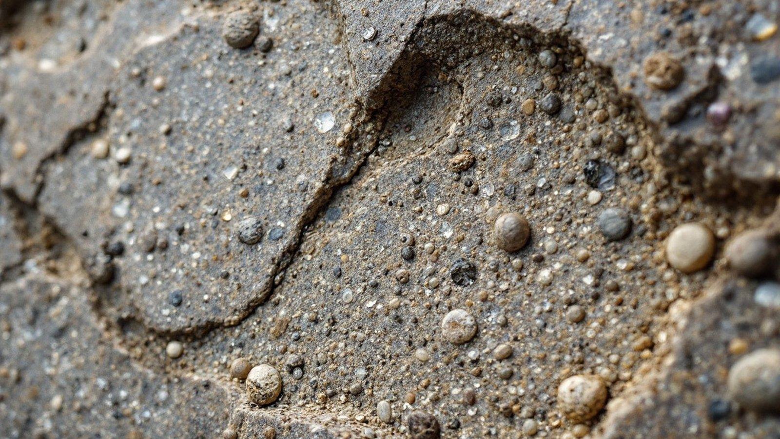 Close-up of puddingstone coursework showing the characteristic pebble-in-matrix texture