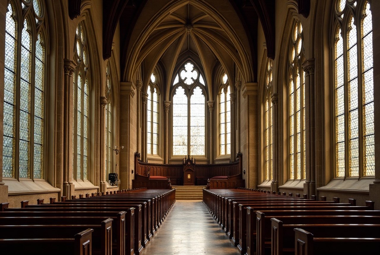 Interior lancet windows and nave of St. Stanislaus