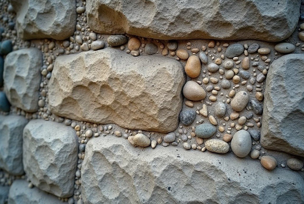 Close-up of puddingstone wall surface showing embedded pebbles