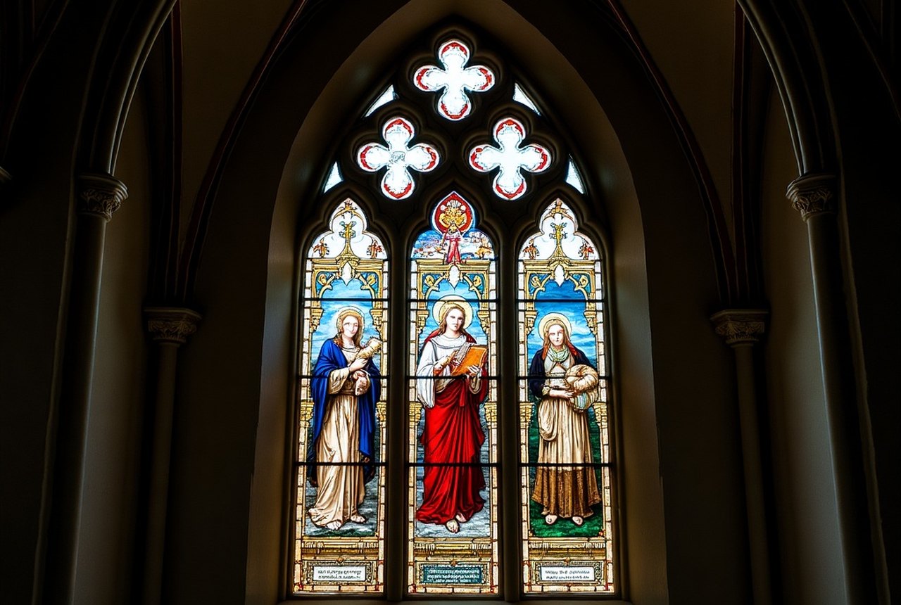Stained glass window with Polish devotional iconography