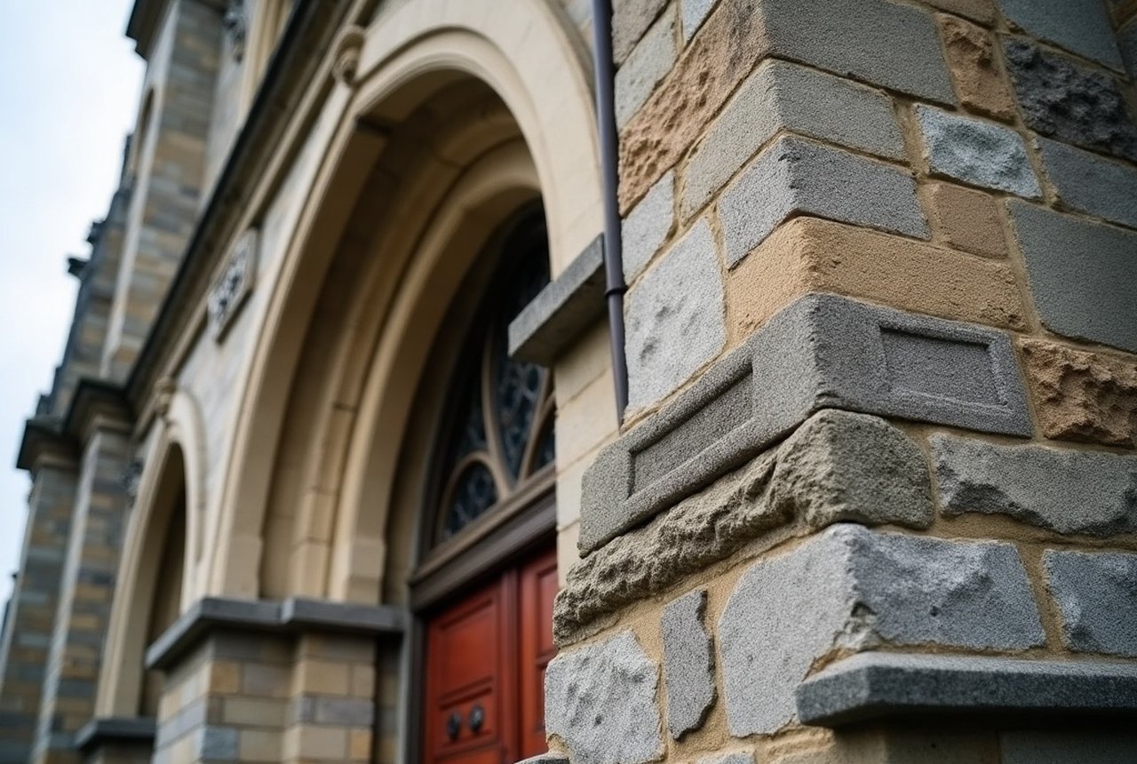 Close detail of Roxbury puddingstone texture on Cathedral exterior